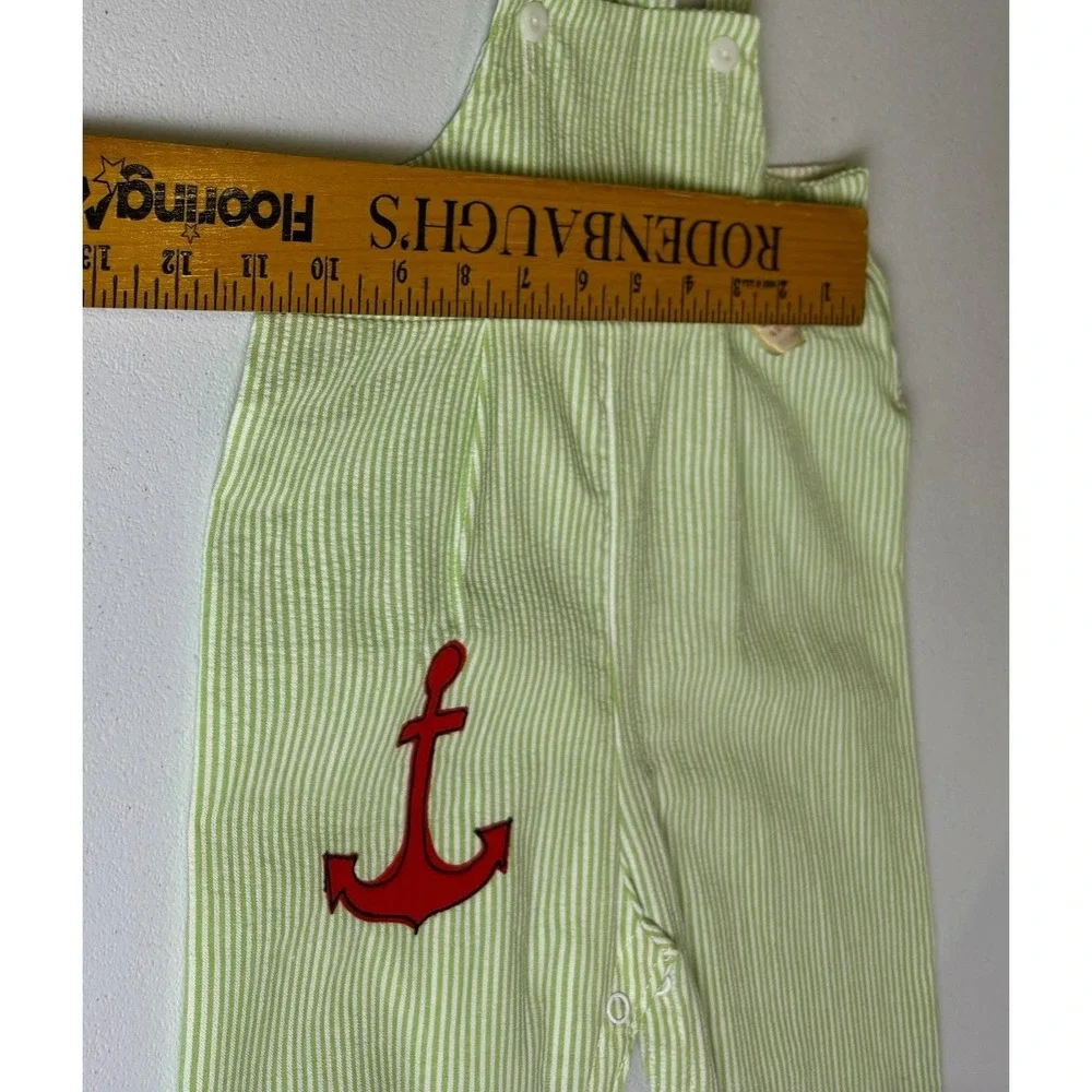 Penney's Seersucker Overalls Kids‎ Size 18M Green White Vintage Anchor Nautical